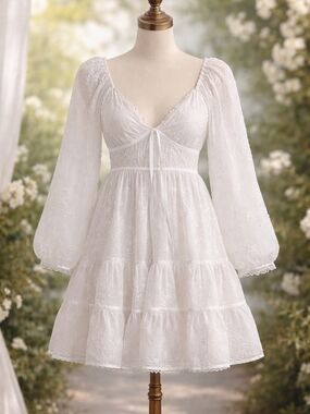 White Cottagecore Lace Mini Dress Boho Prairie Babydoll Small